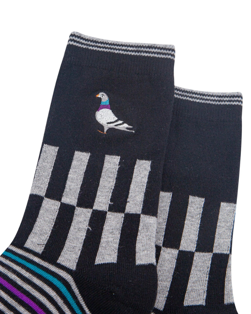 Embroidered George Square Pigeon Striped Combed Cotton Socks