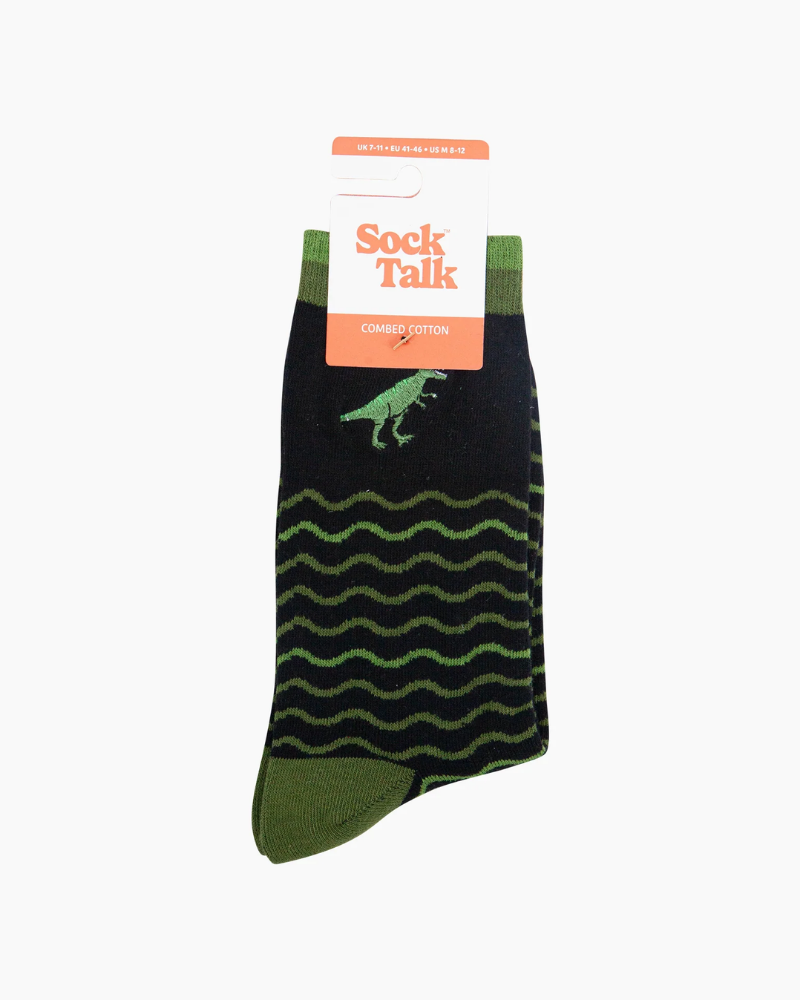 Embroidered T-Rex Wave Stripe Combed Cotton Socks