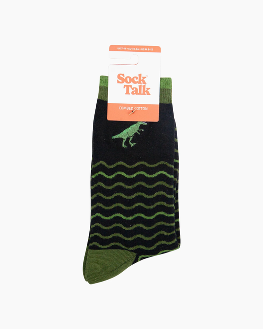 Embroidered T-Rex Wave Stripe Combed Cotton Socks
