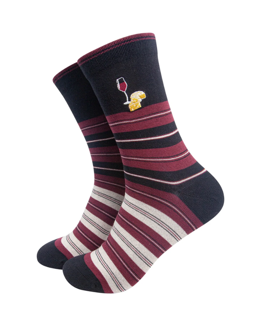 Embroidered Cheese & Wine Striped Combed Cotton Socks