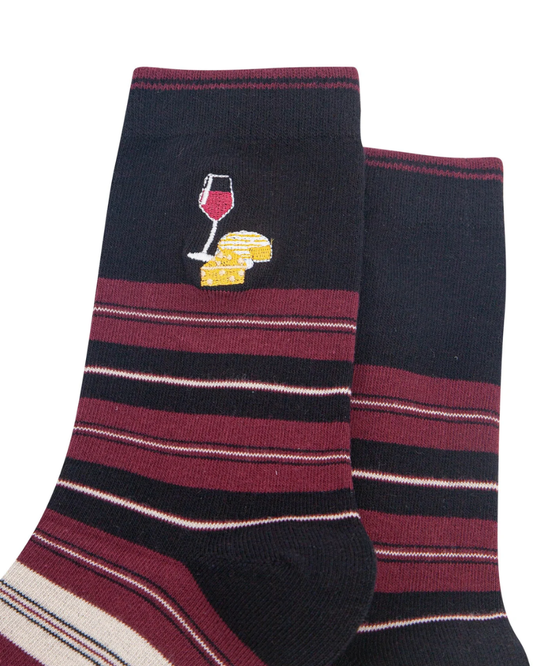 Embroidered Cheese & Wine Striped Combed Cotton Socks