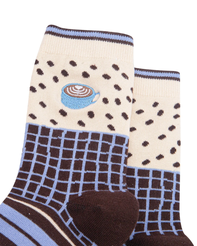 Embroidered Coffee Mug Pattern Combed Cotton Socks