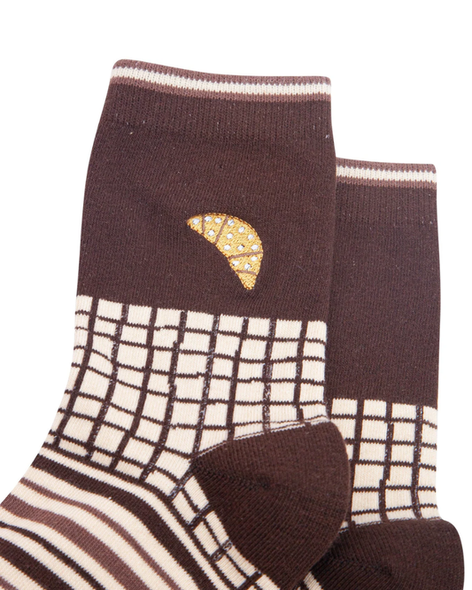 Embroidered Croissant Pattern Combed Cotton Socks