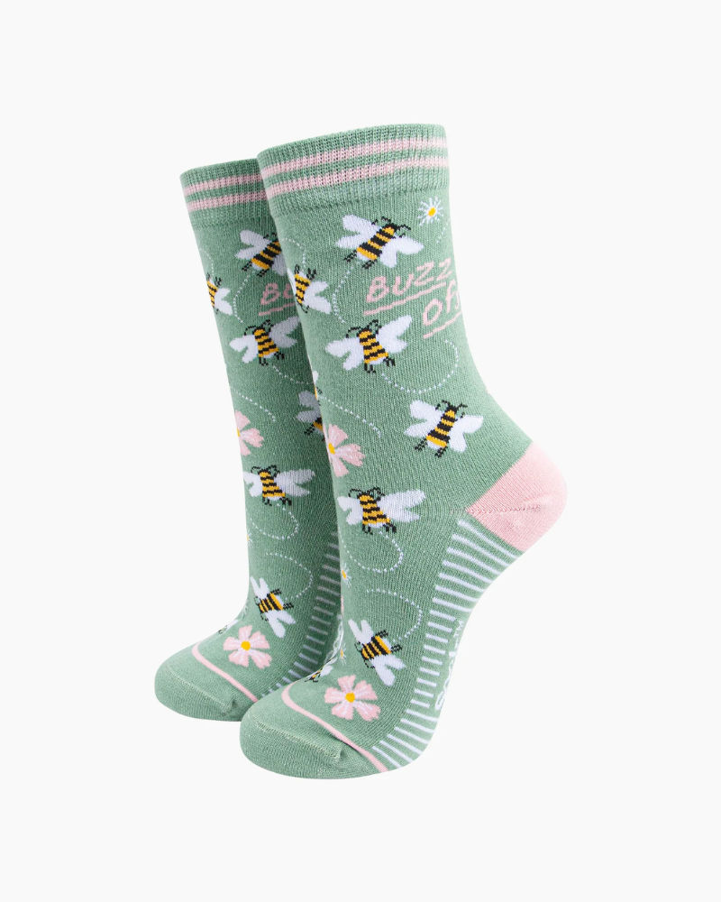 Buzz Off Bees Combed Cotton Socks in Sage Green