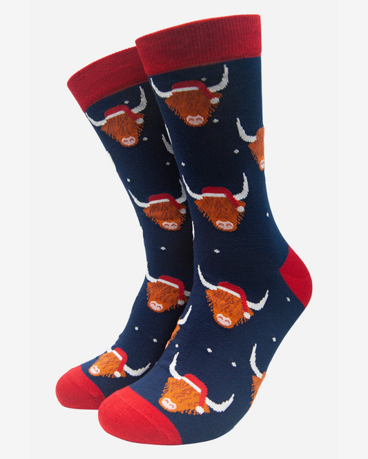 Blue Santa Highland Cows Bamboo Socks