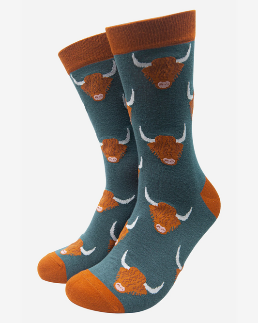 Teal Highland Cows Bamboo Socks