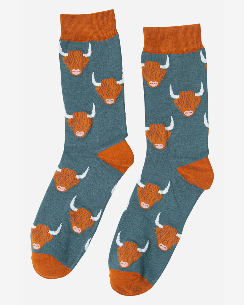 Teal Highland Cows Bamboo Socks