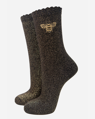 Embroidered Glitter Bee Ladies Socks