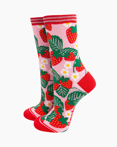 Pink Strawberry Print Ladies Socks