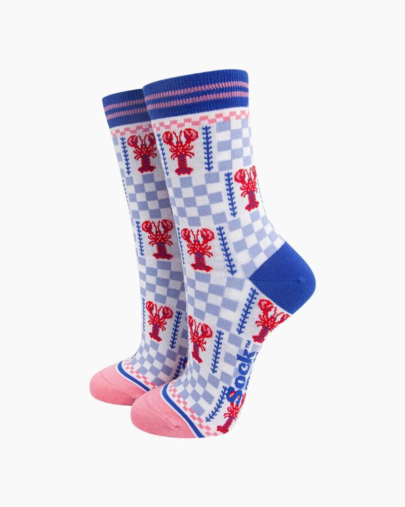 Lobster Checkerboard Bamboo Socks in Blue