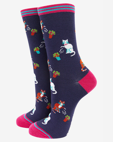 Naughty Cat Plant Pot Print Ladies Socks