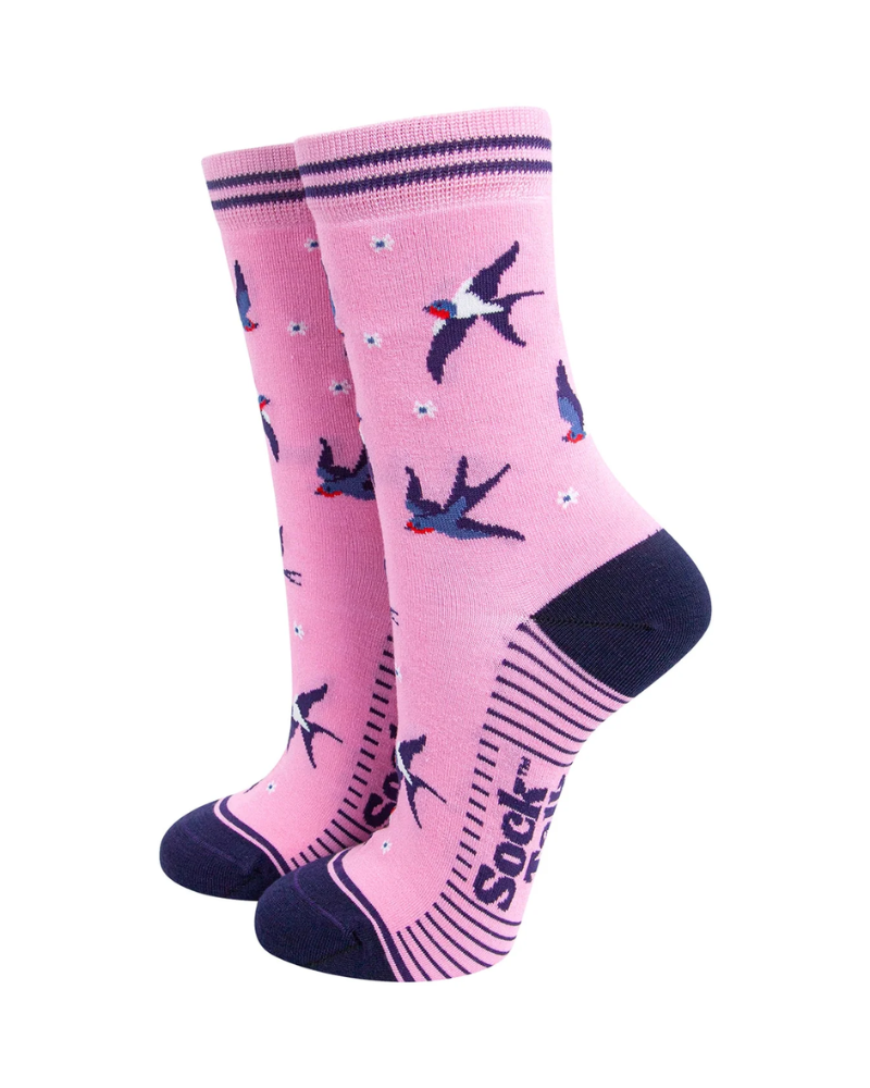 Blue Swallow Bird Bamboo Socks in Pink
