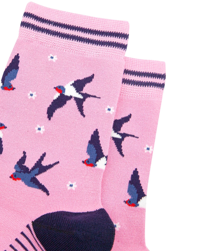 Blue Swallow Bird Bamboo Socks in Pink