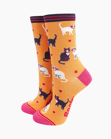 Cat Love Orange Print Ladies Socks