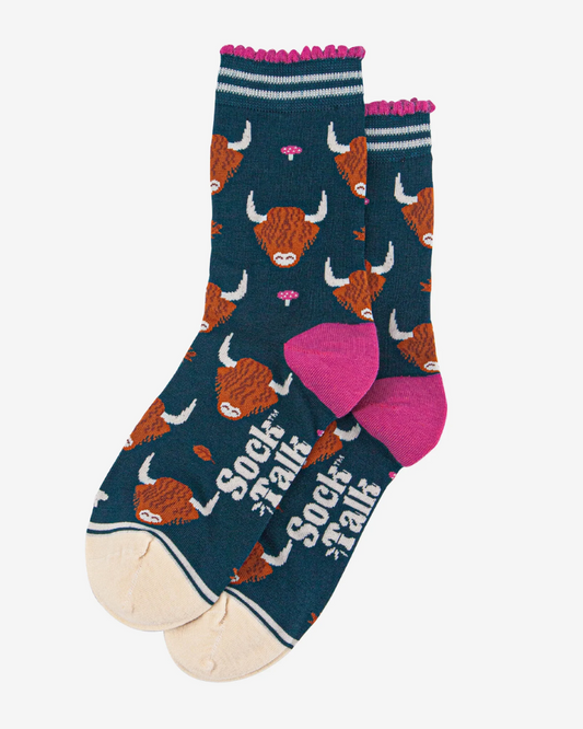 Highland Cow Leaves & Toadstools Bamboo Socks
