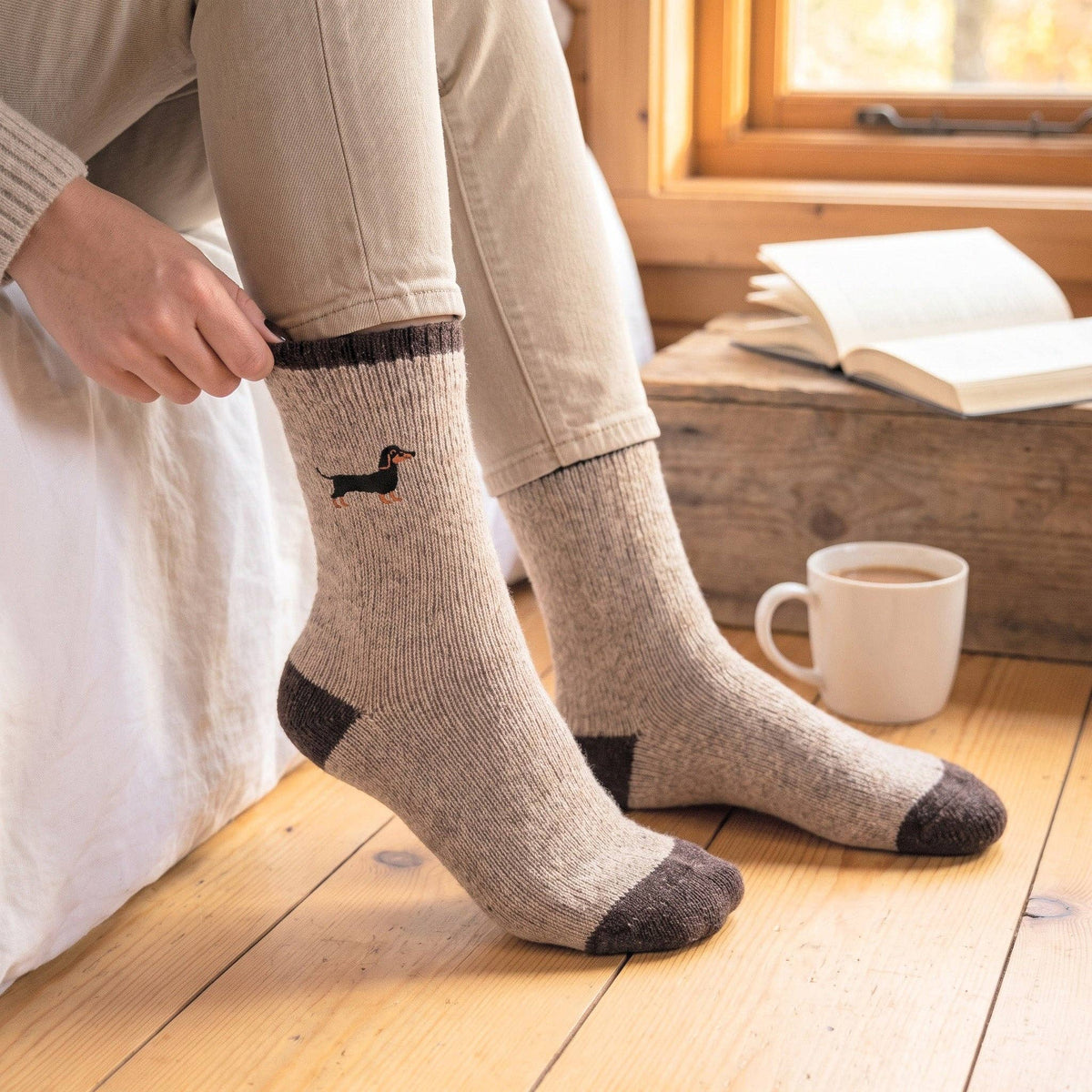 Sausage Dog Embroidered Wool Socks in Beige