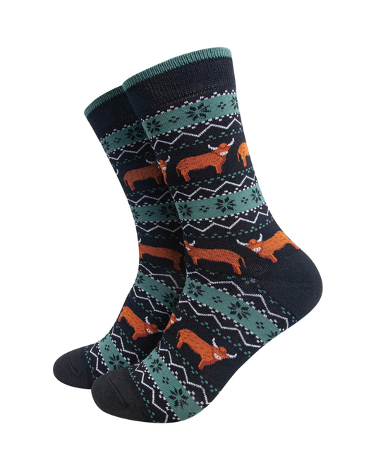 Highland Cow Fair Isle Bamboo Socks in Black