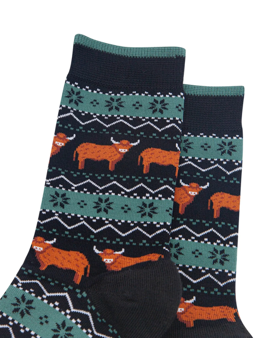 Highland Cow Fair Isle Bamboo Socks in Black