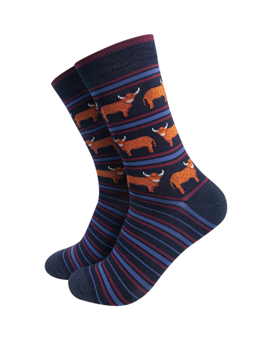Navy Stripe Highland Cow Bamboo Socks
