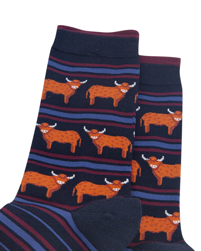 Navy Stripe Highland Cow Bamboo Socks