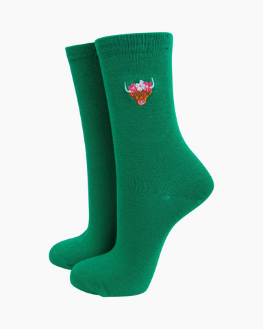 Embroidered Green Highland Cow Ladies Socks