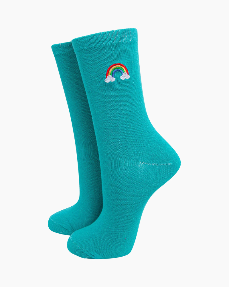 Embroidered Turquoise Rainbow Ladies Socks