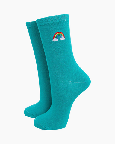 Embroidered Turquoise Rainbow Ladies Socks