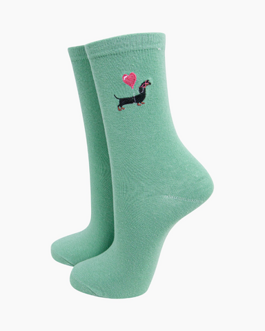 Embroidered Mint Sausage Dog Ladies Socks