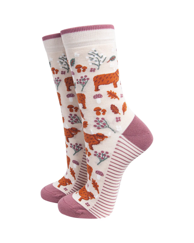 Highland Cow Floral Bamboo Socks in Cream