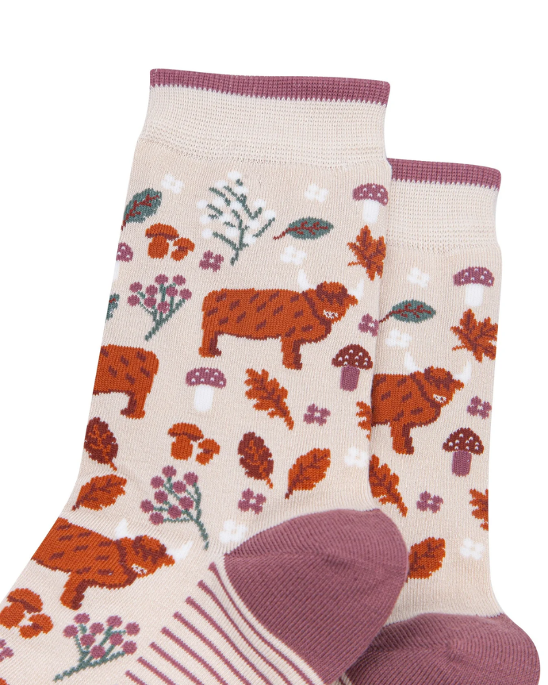 Highland Cow Floral Bamboo Socks in Cream