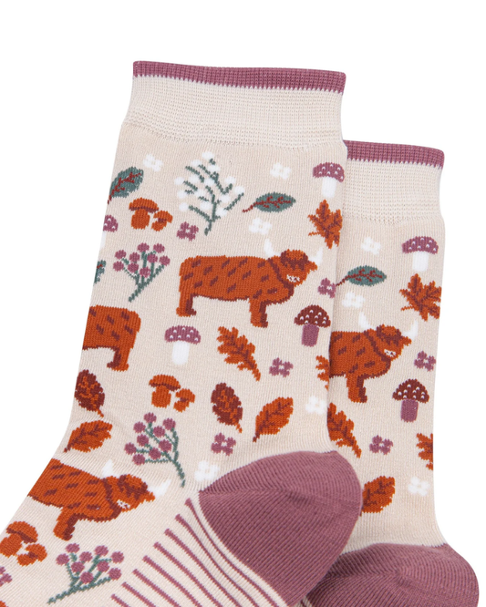 Highland Cow Floral Bamboo Socks in Cream