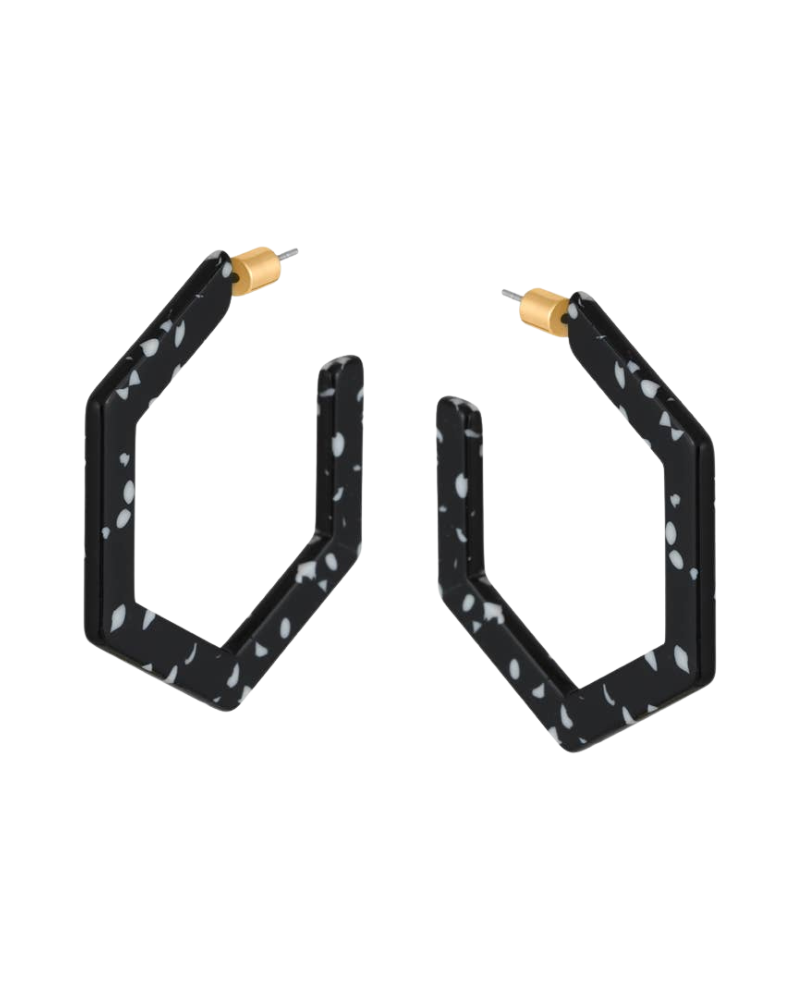 Marseille Hexagon Large Resin Hoop Earrings in Black