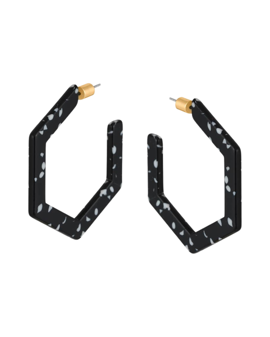 Marseille Hexagon Large Resin Hoop Earrings in Black