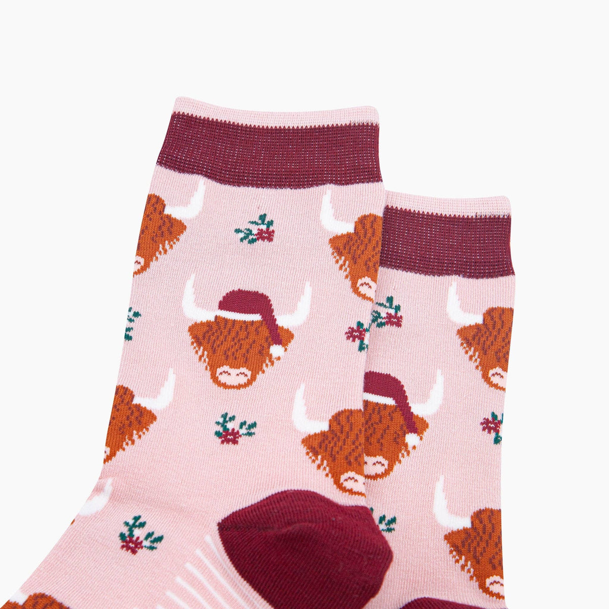 Christmas Highland Cow  Women's Bamboo Socks in Soft Pink