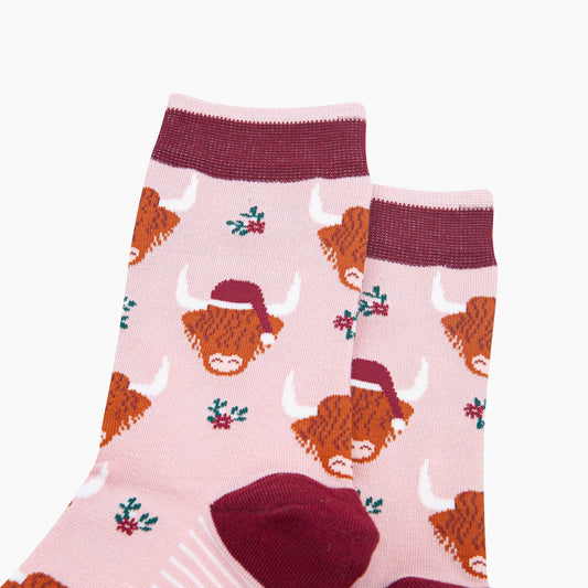 Christmas Highland Cow  Women's Bamboo Socks in Soft Pink