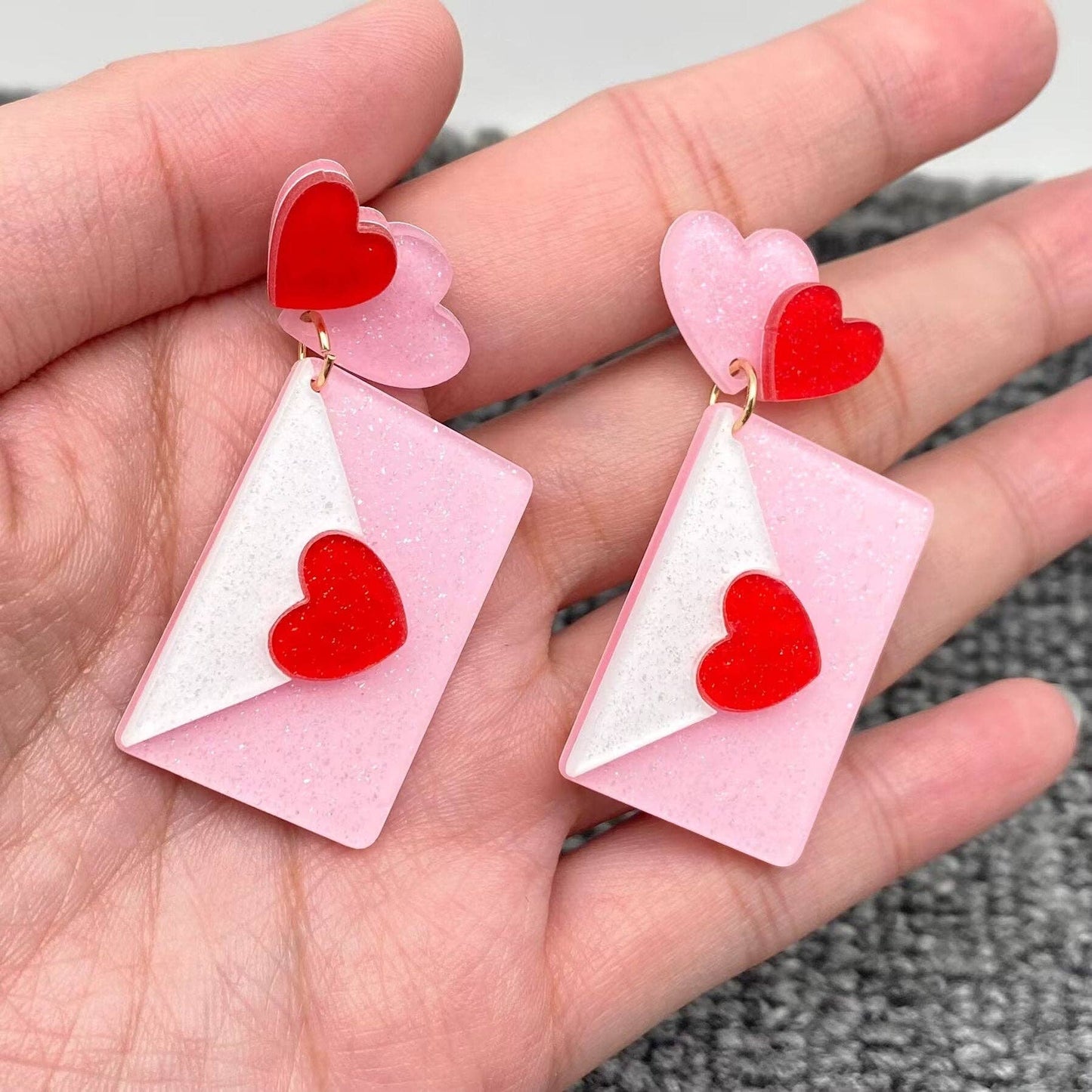 Acrylic Pink Heart Envelope Post Earrings