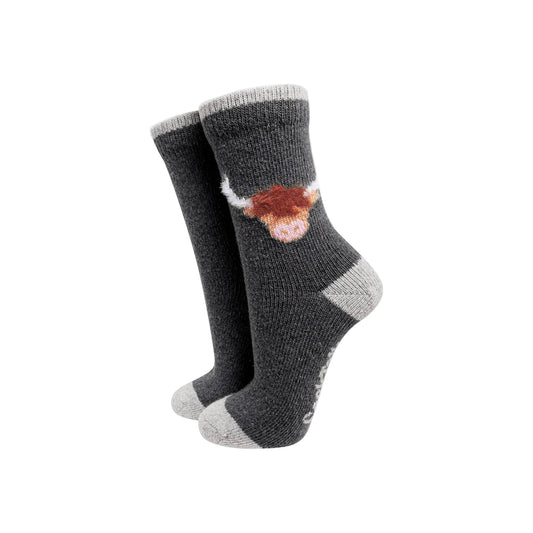 Highland Cow Wool Fluffy Element Socks in Dark Grey Marl