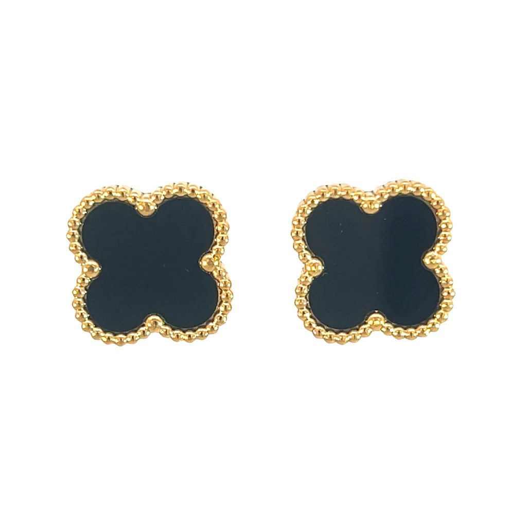 Black Four Leaf Clover Stud Earrings 18K Gold Plated