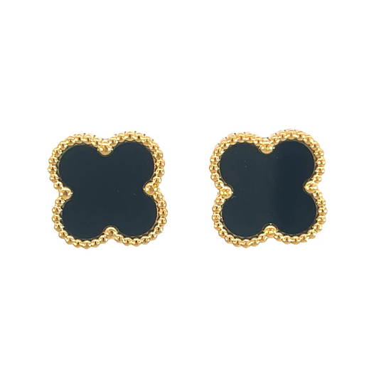 Black Four Leaf Clover Stud Earrings 18K Gold Plated