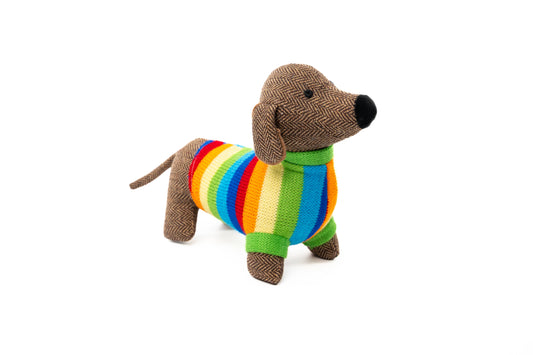 Tweed Sausage Dog with Rainbow Stripe Jumper