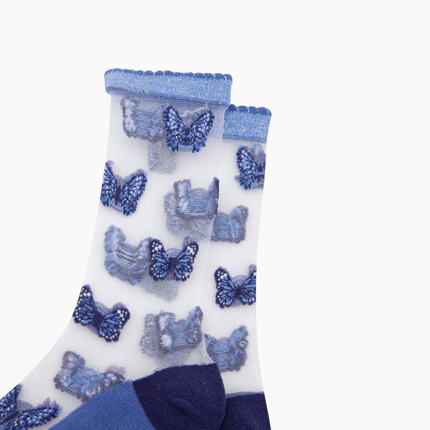 Blue Butterflies Combed Cotton Sheer Pop Socks