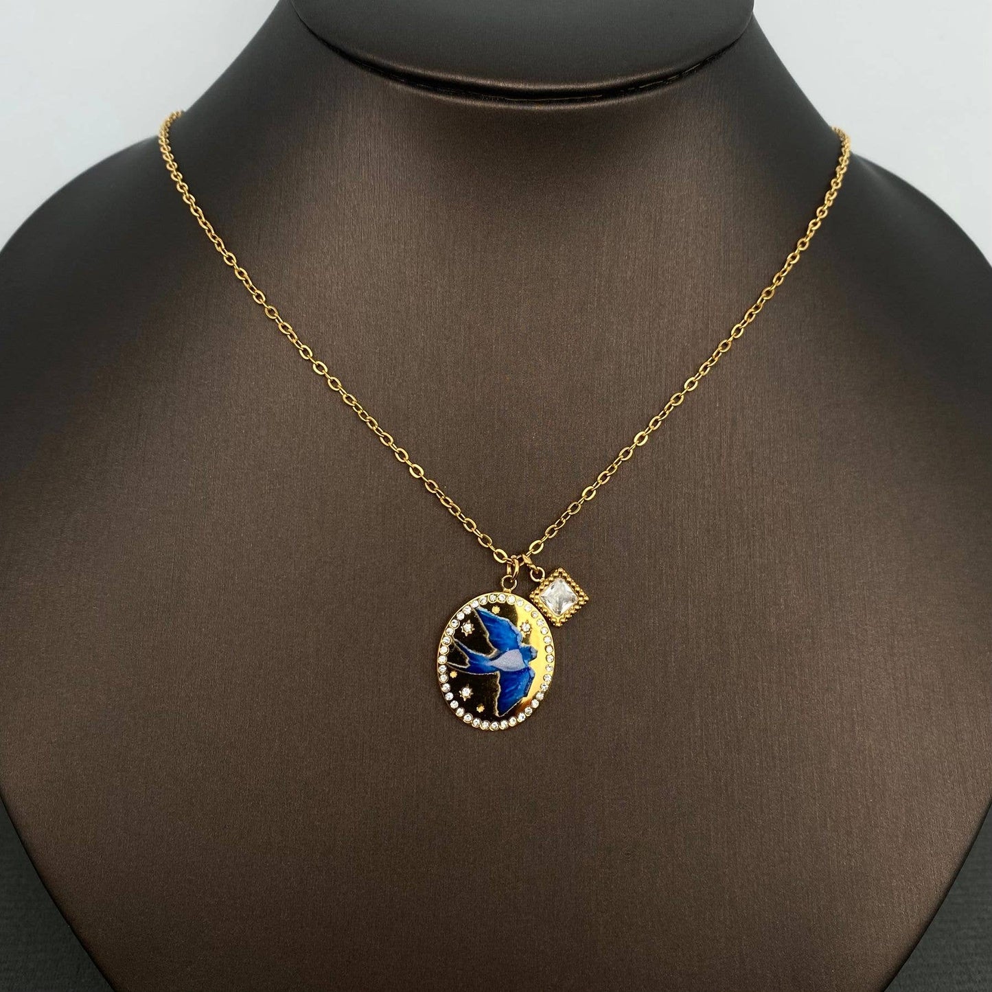 Swallow Inlaid Oval 18K Gold-Plated Necklace