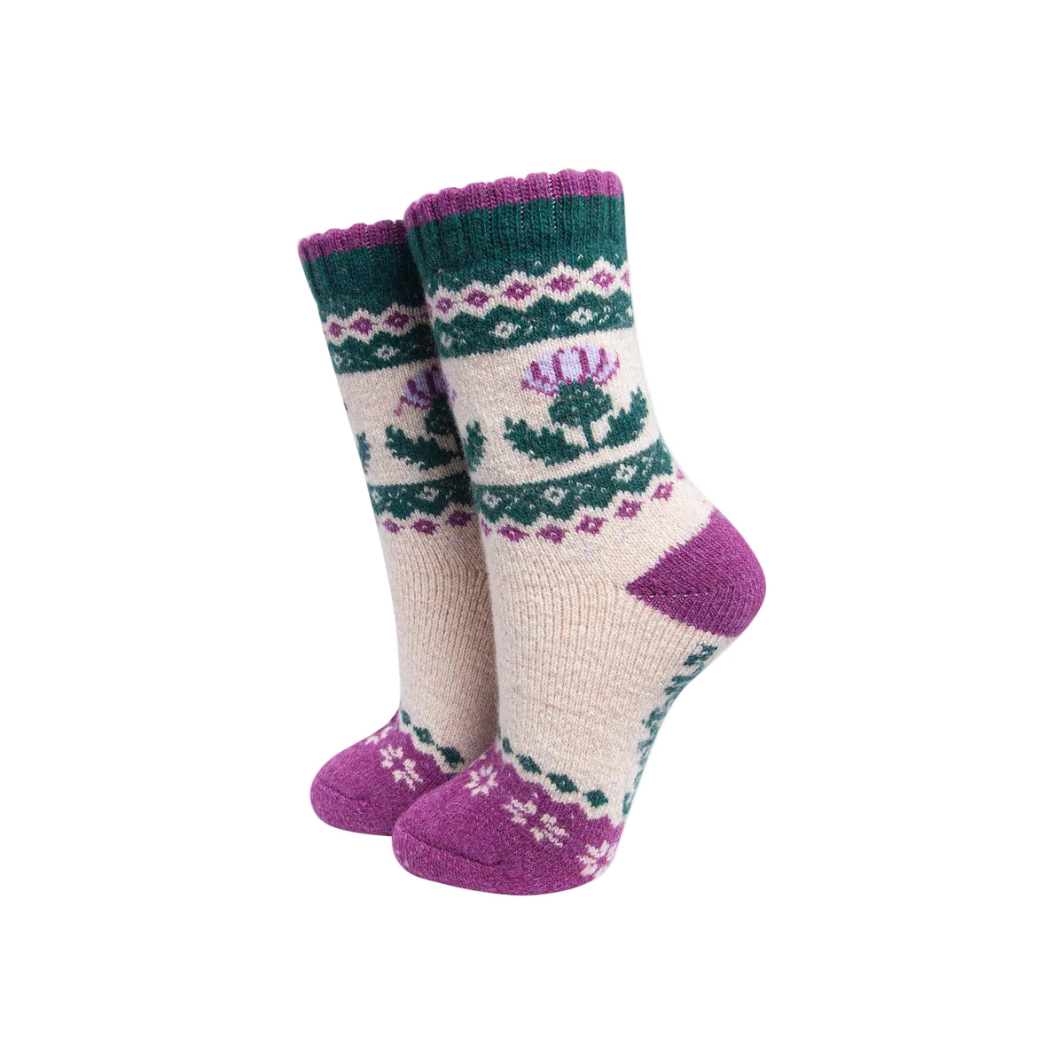 Thistle Patterned Wool Socks in Cream/Green