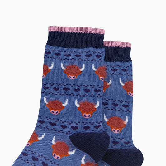 Highland Cow Fluffy Bamboo Socks in Blue