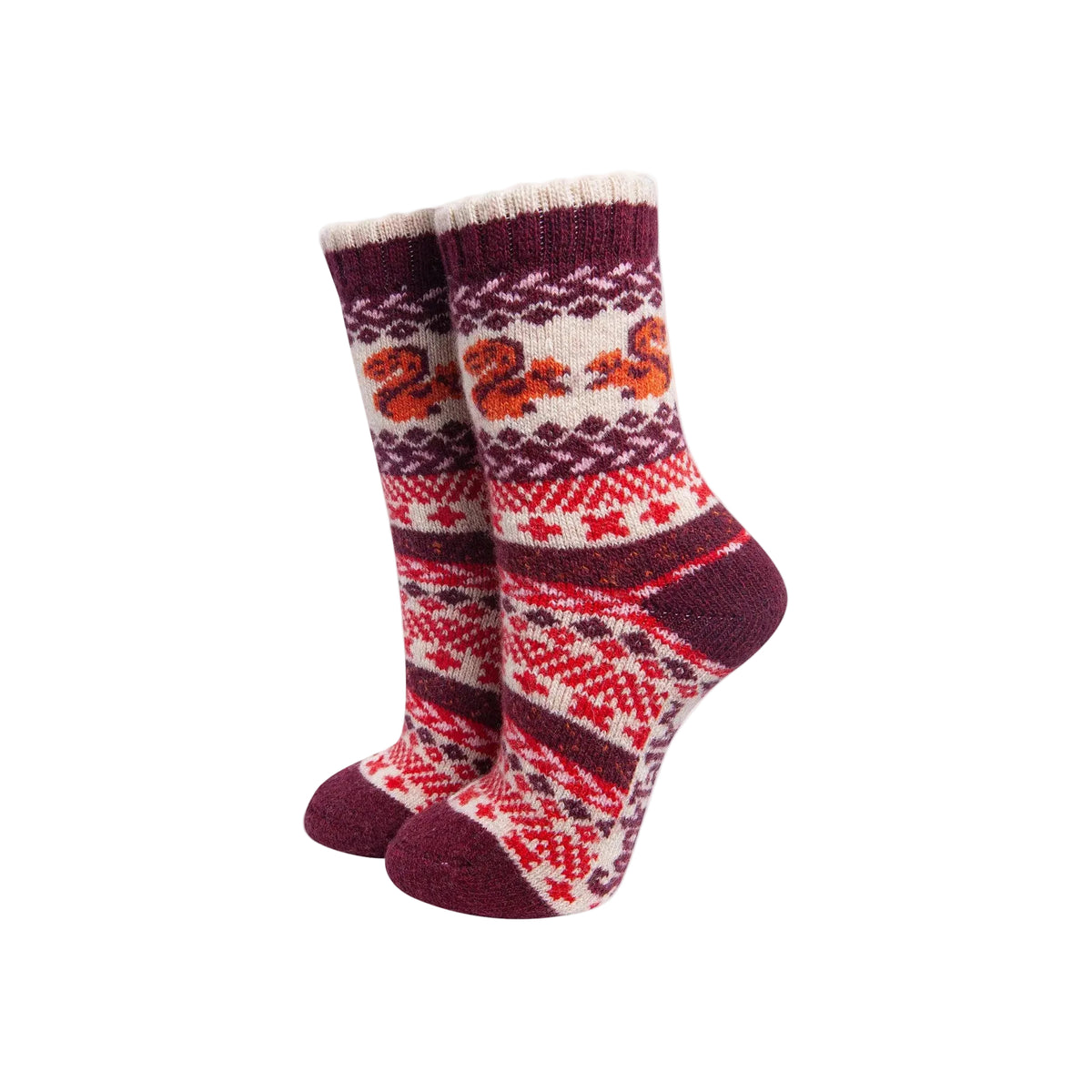 Squirrel Patterned Wool Socks in Cream/Burgundy