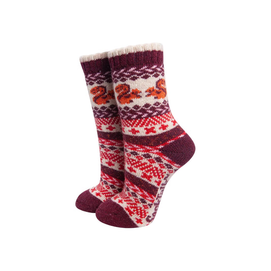 Squirrel Patterned Wool Socks in Cream/Burgundy