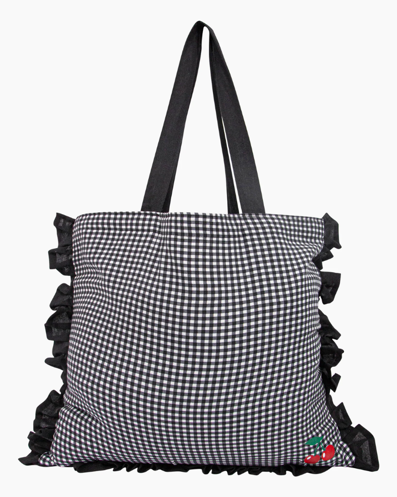Cherry Gingham Frilled Canvas Tote Bag in Black