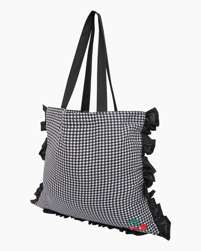 Cherry Gingham Frilled Canvas Tote Bag in Black