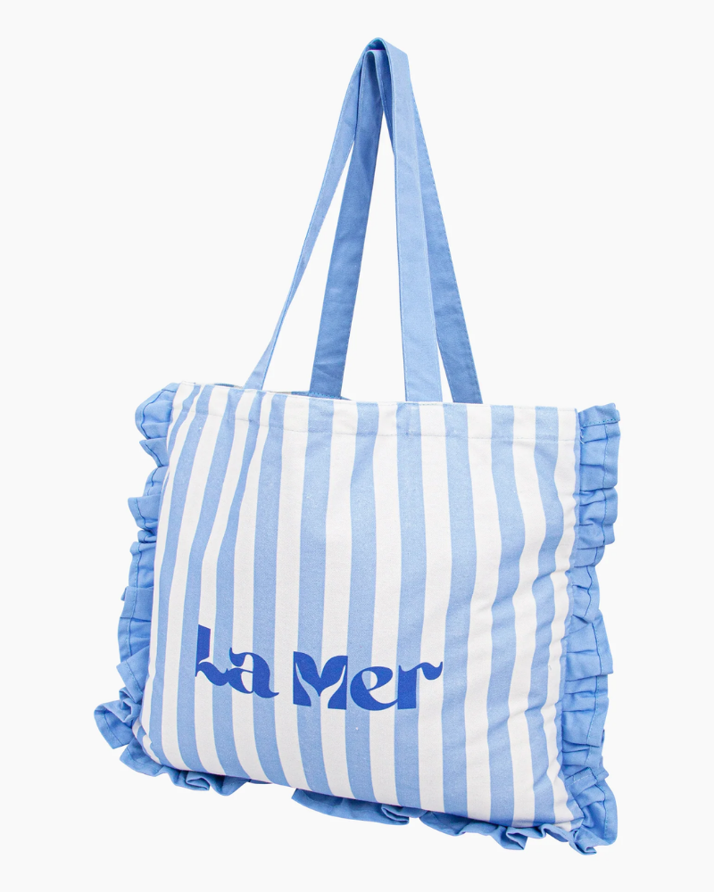 La Mer Striped Frilled Canvas Tote Bag in Blue
