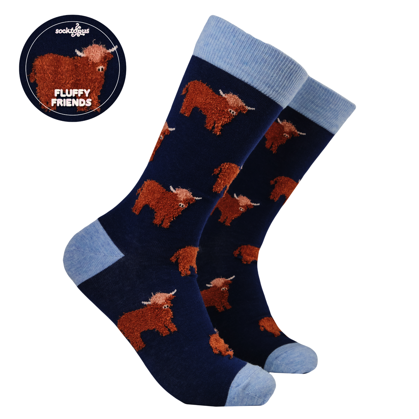 Navy Fluffy Highland Cow Crew Socks